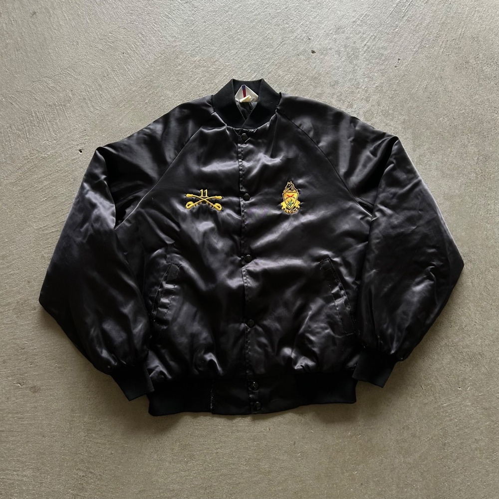 Vintage 70s 11th Armored Cavalry Regiment Jacket Size Large Black Satin Bomber